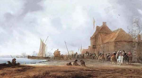 A winter landscape with figures playing 'Drawing the Eel' before an inn - view 1
