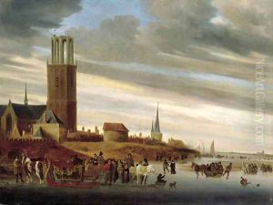 A winter landscape with sledges on a frozen river a village beyond by Salomon van Ruysdael