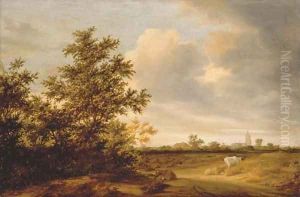 A wooded landscape with cattle, a church beyond by Salomon van Ruysdael