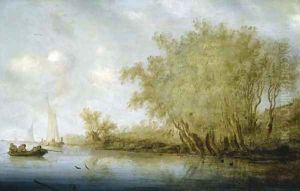 A wooded river landscape with duck hunters in the foreground and sailing boats beyond by Salomon van Ruysdael