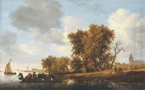 A wooded river landscape with figures on a bank awaiting the approach of a ferry A wooded river landscape with figures on a bank awaiting the approach of a ferry