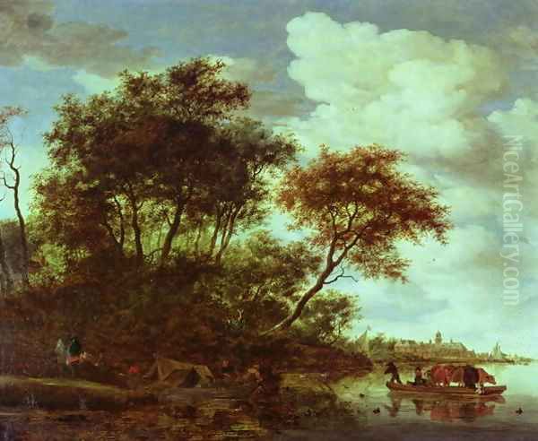 Wooded River Landscape with Cattle on a Ferry - view 1