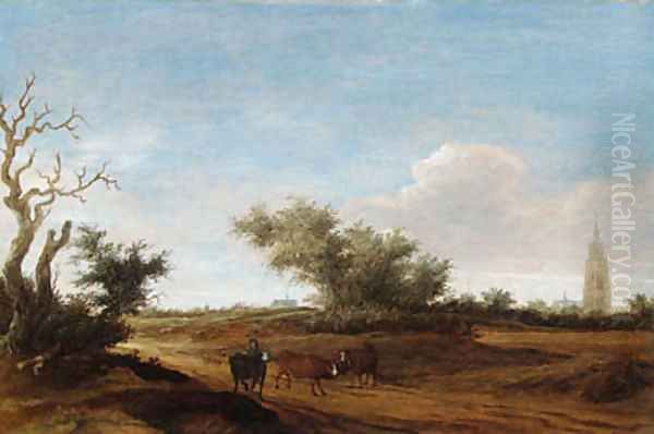 A landscape with a shepherd and cattle on a path - view 1