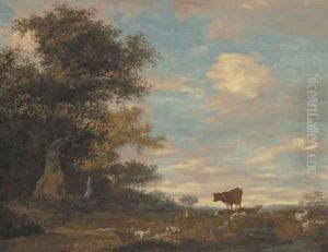 A shepherd and his dog resting in a wooded landscape by Salomon van Ruysdael
