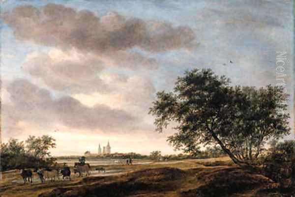 An extensive landscape with a drover and cattle on a path, Egmond Abbey beyond - view 1