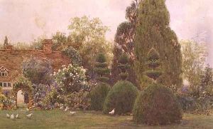 Chickens in a garden by Ernest Arthur Rowe