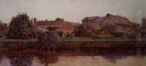 A House and Farm Buildings by a River by Ernest Arthur Rowe