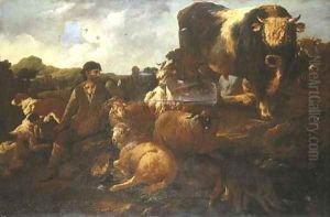 A peasant surrounded by dogs, sheep, a bull and other animals within a landscape