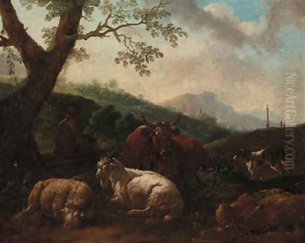 A drover resting with a cow, sheep and dog in a landscape - view 1