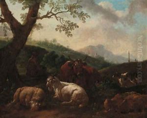 A drover resting with a cow, sheep and dog in a landscape