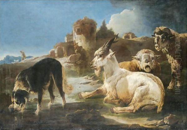 A dog drinking at a pool by sheep and a goat, a shepherd and a ruin beyond - view 1