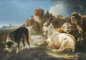 A dog drinking at a pool by sheep and a goat, a shepherd and a ruin beyond by Philipp Peter Roos