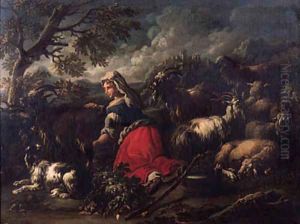 A milkmaid with goats, sheep and a dog, in an Italianate landscape by Philipp Peter Roos