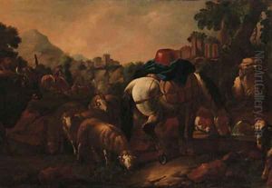 A drover with a bull, sheep, goats and a packhorse at a fountain in a mountainous landscape A drover with a bull, sheep, goats and a packhorse at a fountain in a mountainous landscape