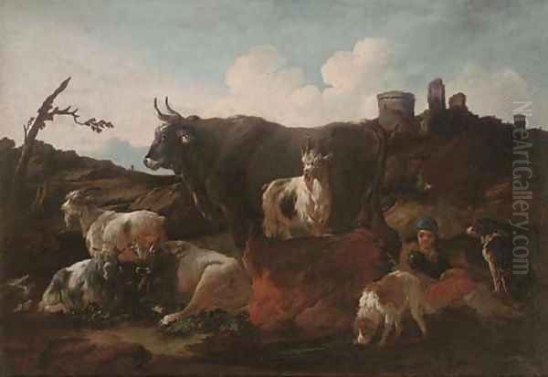 A shepherd with cattle and dogs by ruins in an Italianate landscape by Philipp Peter Roos
