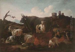 A shepherd with cattle and dogs by ruins in an Italianate landscape by Philipp Peter Roos