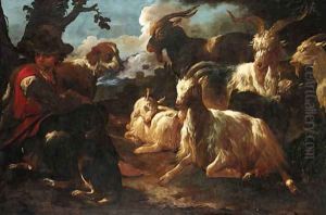 A young goatherd with two dogs and six goats in an Italianate landscape by Philipp Peter Roos
