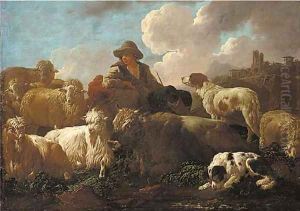 A shepherd resting with sheep, goats and dogs before a hillside town by Philipp Peter Roos