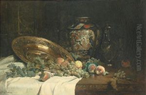 Nature Morte Au Plat D'offrande, A La Potiche Chinoise, Aux Raisins Et Aux Peches