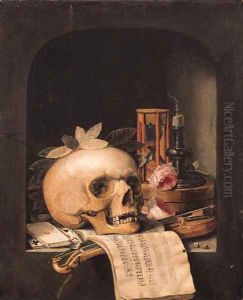 A vanitas still life with a wreathed skull by Simon Renard De Saint-Andre