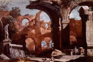 An Architectural Capriccio With Figures Investigating A Tomb Amongst Ruins