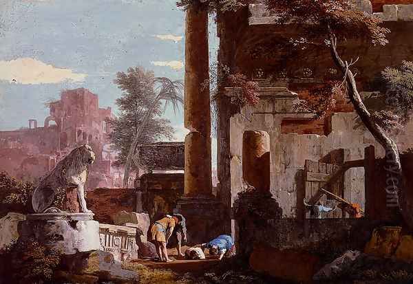 An Architectural Capriccio With Figures, A Man Drinking From A Fountain - view 1