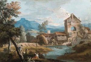 An extensive mountainous landscape with a mill by a stream by Marco Ricci