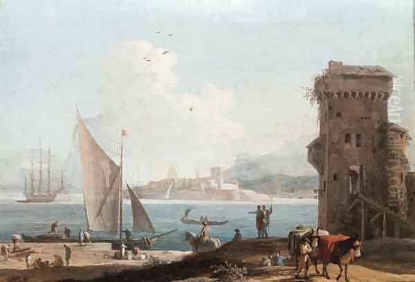 An extensive view of an port with a tower in the foreground, a fort beyond - view 1