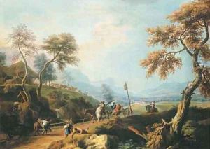 A wooded landscape, with gentlemen in a carriage on a road in the foreground, a valley beyond