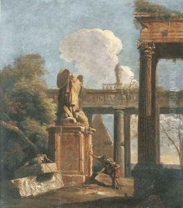 A capriccio of Roman ruins with soldiers beside the Statue of Marius
