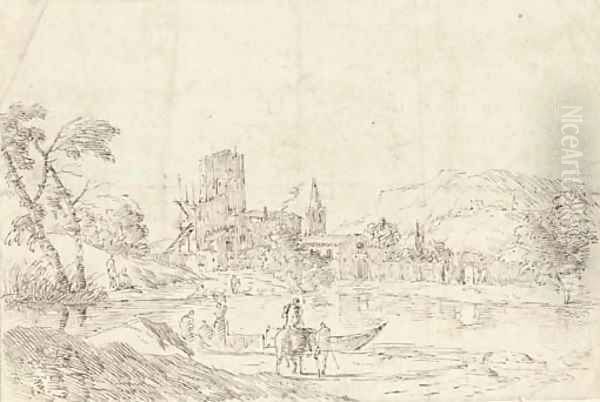 A town by a river with fishermen and boatmen - view 1