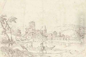 A town by a river with fishermen and boatmen by Marco Ricci
