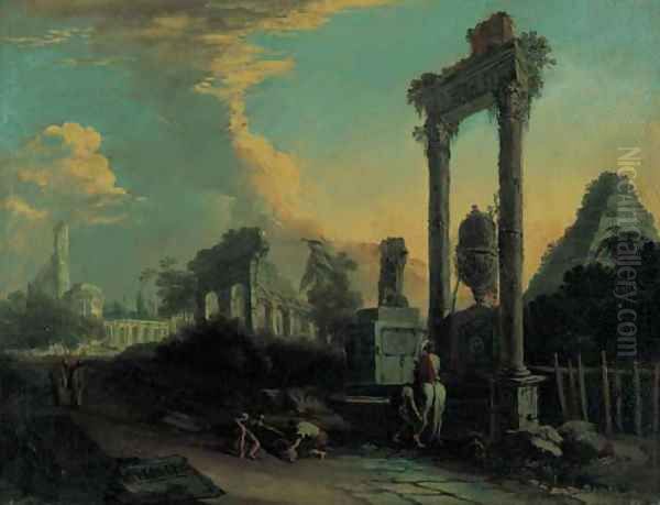 A traveller and peasants by a fountain amongst Roman ruins - view 1
