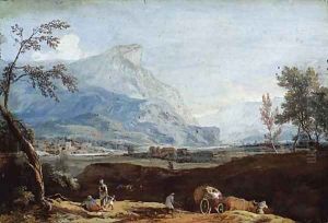 An extensive mountain landscape with peasants and a waggon