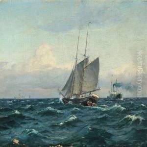 Seascape With Sailing And Motor Ships by Christian Benjamin Olsen