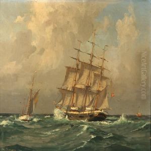 Marine With A Danish Barque And Others Sailing Ships On Open Sea by Christian Benjamin Olsen