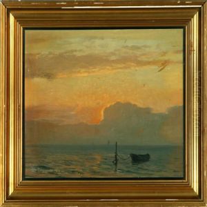 A Danish Marine With A Rowing Boat In The Sunset by Christian Benjamin Olsen