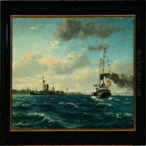 Marine With A Party On Board A Steam Ship by Christian Benjamin Olsen