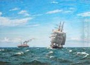 Ships In Open Sea. Signed Chr. Benjamin Olsen by Christian Benjamin Olsen