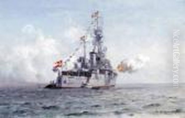 Battleship Niels Juel Gun-saluting At Iceland - view 1