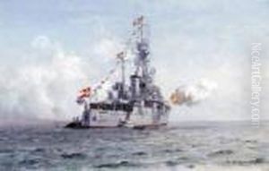 Battleship Niels Juel Gun-saluting At Iceland by Christian Benjamin Olsen