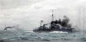 French Battleship With Another In The Distance by Christian Benjamin Olsen