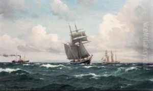 Steam Boat And Other Sailing Boats In A Stiff Breeze by Christian Benjamin Olsen