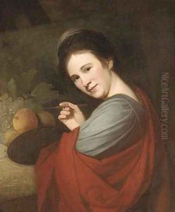 Portrait of Mary Moser, R.A. (1744-1819), half-length, holding a palette and brush, before fruit on a ledge by George Romney