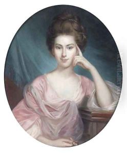 Portrait of a lady, half-length, in a pink dress, holding a miniature by George Romney