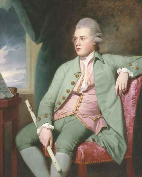 Portrait of Francis Lind, three-quarter-length, seated before a music stand on a pink chair, in a powdered wig, a green coat - view 1