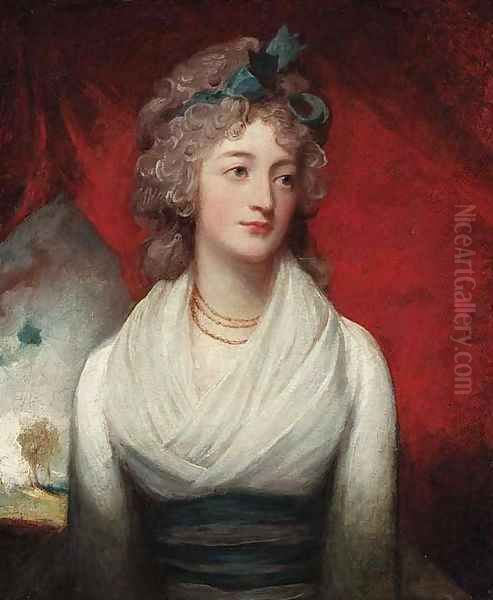 Portrait of Miss Jean Drummond, half-length, in a white dress and with a blue ribbon in her hair, before a red curtain, a landscape beyond - view 1