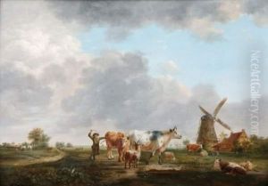 Paysan Et Troupeau Aux Abords D'un Moulin by Balthasar Paul Ommeganck