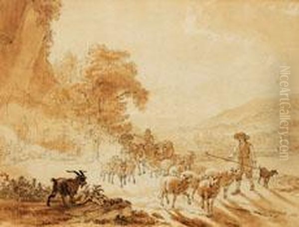 Wandernde Hirten In Bergiger Sudlicher Landschaft - view 1