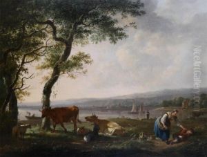 River Landscape With Shepherdess And Sleaping Child